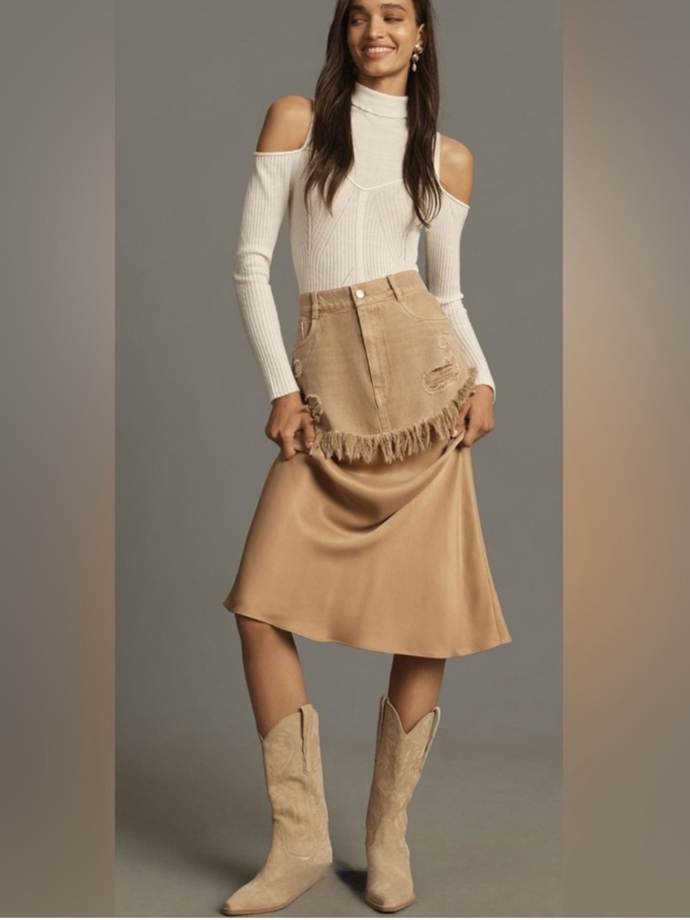 Anthropologie Pilcro Twofer Slip Midi Skirt Denim size 4